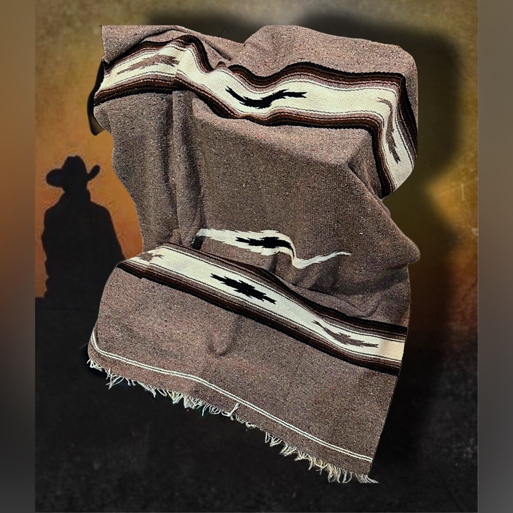 Vintage Hand Woven Wool Serape Blanket with Fringe made in Mexico